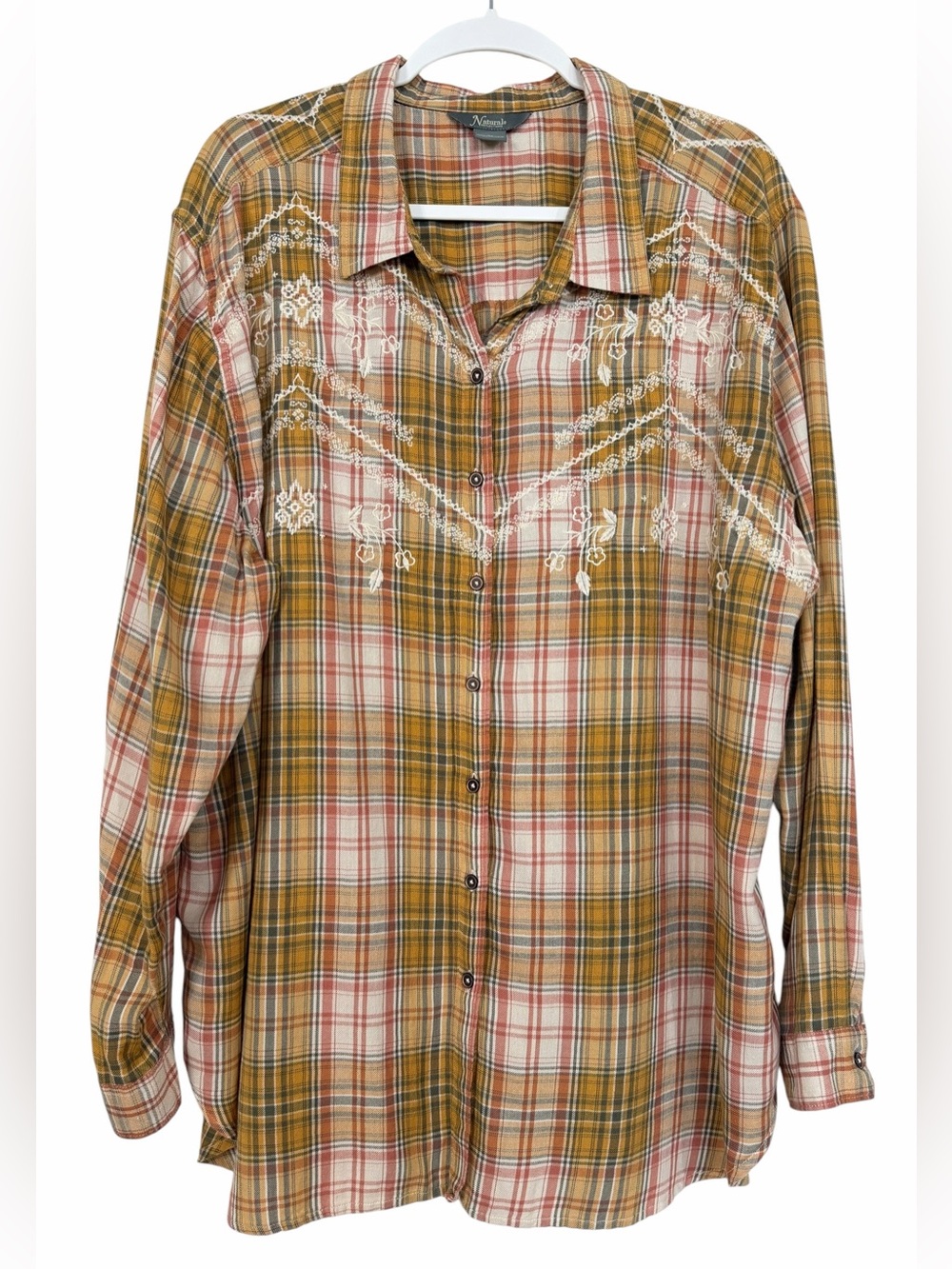 Natural Reflections Plaid Embroidered Button Up Shirt Boho Size 2X